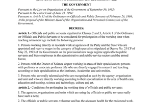 Decree of Government No. 71/2000/ND-CP of November 23, 2000 on the prolongation of the working time of officials and public servants who have reached the retirement age