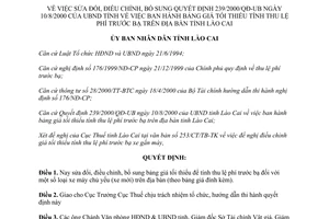 Quyết định 323/2000/QĐ.UB sửa đổi bảng giá tối thiểu tính lệ phí trước bạ xe máy Lào Cai
