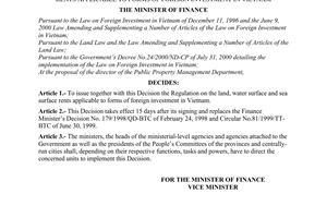 Decision No.189/2000/QD-BTC of November 24, 2000 issuing the regulation on the land, water surface and sea surface rents applicable to forms of foreign investment in Vietnam