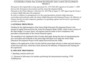 Circular No. 113/2000/TT-BTC of November 27, 2000 temporarily guiding the spending regimes and levels for the experimentation of the junior-high education curriculum and textbooks under the junior secondary education development project