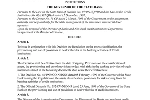 Decision No. 488/2000/QD-NHNN5 of  November 27, 2000, 
on the issuance of regulation on the assets classification and use of provisions to deal with risks in the banking activities of credit institutions