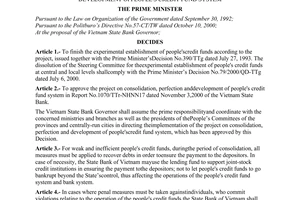 Decision No.135/2000/QD-TTg of November 28, 2000 approving the project on consolidation, perfection and development of People's Credit Fund System
