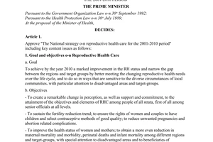 Decision No. 136/2000/QD-TTg of November 28, 2000 on approving national strategy on reproductive health care for the 2001-2010 period