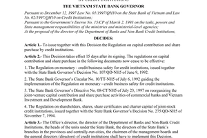 Decision No.492/2000/QD-NHNN5 of November 28, 2000 issuing the regulation on capital contribution and share purchase by credit institutions