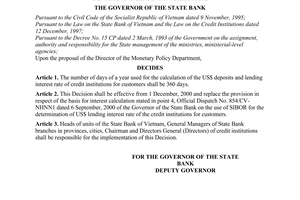 Decision No. 495/2000/QD-NHNN1 of November 30, 2000, on the number of days of a year used for the calculation of the US$ deposits and lending interest rate