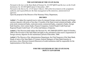 Decision No. 496/2000/QD-NHNN1 of December 01, 2000, on the required reserve ratios of foreign currency deposits of credit institutions