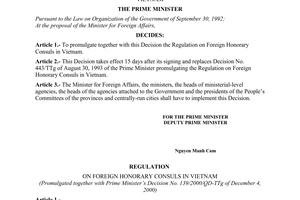 Decision No.139/2000/QD-TTg of December 04, 2000 promulgating the regulation on foreign honorary consuls in Vietnam