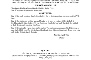 Quyết định 139/2000/QĐ-TTg  Quy chế lãnh sự danh dự nước ngoài tại Việt Nam