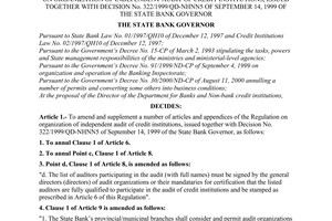 Decision No. 499/2000/QD-NHNN5 of December 05, 2000 amending and supplementing a number of articles of the regulation on organization of independent audit of credit institutions, issued together with Decision No. 322/1999/QD-NHNN5 of September 14, 1999 of the state bank governor