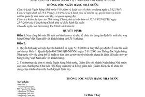 Quyết định 500/2000/QĐ-NHNN1 công bố lãi suất cơ bản làm cơ sở cho tổ chức tín dụng ấn định lãi suất cho vay bằng Đồng Việt Nam