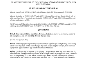 Quyết định 98/2000/QĐ-UB trợ cấp xã hội đối tượng thuộc diện cứu trợ xã hội Nghệ An