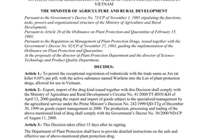 Decision No.125/2000/QD-BNN-BVTV of December 06, 2000 on exceptional registration of a kind of plant protection drug in Vietnam