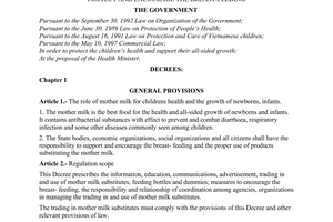 Decree of Government No. 74/2000/ND-CP of December 06, 2000 regarding the trading in and use of mother milk substitutes to protect and encourage the breast-feeding