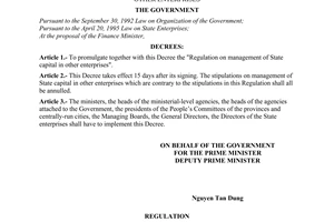 Decree of Government No.73/2000/ND-CP of December 06, 2000 promulgating the regulation on management of State Capital in other enterprises
