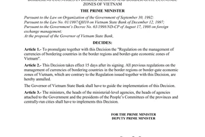 Decision No.140/2000/QD-TTg of December 08, 2000 promulgating the regulation on the management of currencies of bordering countries in border regions and border-gate economic zones of Vietnam