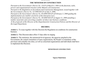 Decision No.27/2000/QD-BXD of December 08, 2000 promulgating the regulation on conditions for construction business