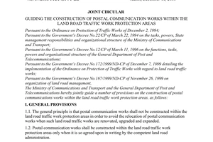 Joint circular No.07/2000/TTLT-GTVT-BD of December 11, 2000 guiding the construction of postal communication works within the land road traffic work protection areas