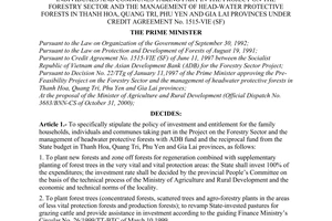 Decision No. 141/2000/QD-TTg of December 11, 2000 on the policy of investment and entitlement for family households, individuals and communes taking part in the project on the forestry sector and the management of head-water protective forests In Thanh Hoa, Quang Tri, Phu Yen and Gia Lai provinces under credit agreement no. 1515-vie (SF)