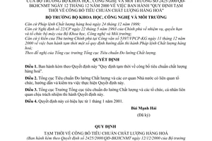 Quyết định 2425/2000/QĐ-BKHCNMT Quy định tạm thời công bố tiêu chuẩn chất lượng hàng hoá