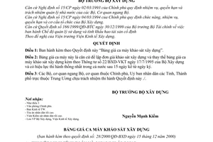 Quyết định  28/2000/QĐ-BXD  bảng giá ca máy khảo sát xây dựng