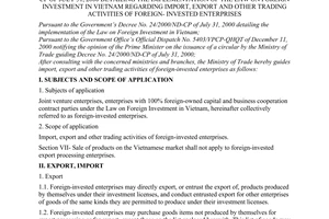 Circular No. 22/2000/TT-BTM of December 15, 2000 guiding the implementation of The Government’s Decree No. 24/2000/ND-CP of July 31, 2000 detailing the implementation of The Law on Foreign Investment in Vietnam regarding import, export and other trading activities of foreign- invested enterprises