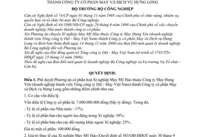 Quyết định 70/2000/QĐ-BCN chuyển Xí nghiệp May Mỹ Hào thành Công ty cổ phần May và Dịch vụ Hưng Long