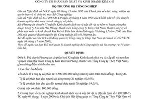 Quyết định 71/2000/QĐ-BCN chuyển Xí nghiệp Kinh doanh dịch vụ và xếp dỡ vật tư thành Công ty cổ phần sản xuất và kinh doanh kim khí