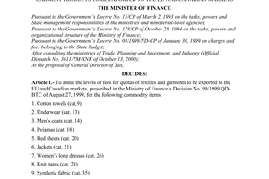 Decision No.200/2000/QD-BTC of December 18, 2000 annulling the levels of fees for quotas of a number of textile and garment products to be exported to the EU and Canadian markets