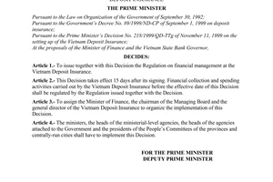 Decision No.145/2000/QD-TTg of  December 19, 2000 issuing the regulation on financial management at The Vietnam Deposit Insurance
