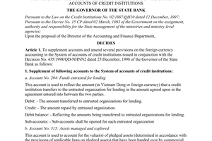 Decision No. 522/2000/QD-NHNN2 of December 20, 2000 on the supplement of accounts and amendment of several provisions on the foreign currency accounting in the system of accounts of credit institutions