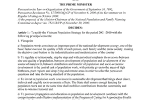 Decision No. 147/2000/QD-TTg of December 22, 2000 on ratifying The Vietnam Population Strategy for the period 2001 - 2010