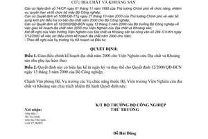 Quyết định 75/2000/QĐ-BCN giao điều chỉnh kế hoạch địa chất năm 2000 cho Viện Nghiên cứu Địa chất và Khoáng sản
