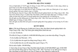 Quyết định 72/2000/QĐ-BCN chuyển Công ty May Hoà Bình thành Công ty cổ phần May Hoà Bình