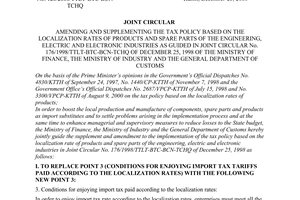 Joint circular No. 120/2000/TTLT/BTC-BCN-TCHQ of December 25, 2000 amending and supplementing the tax policy based on the localization rates of products and spare parts of the engineering, electric and electronic industries as guided in joint Circular No. 176/1998/TTLT-BTC-BCN-TCHQ of December 25, 1998 of The Ministry of Finance, The Ministry of Industry and The General Department of customs
