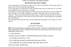 Quyết định 76/2000/QĐ-BCN chuyển Phân xưởng IV- Nhà máy Lưới thép Bình Tây thành Công ty cổ phần Lưới thép Sài Gòn