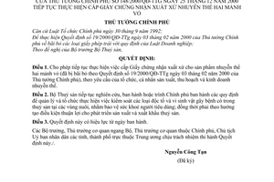 Quyết định 148/2000/QĐ-TTg cấp Giấy chứng nhận xuất xứ nhuyễn thể hai mảnh vỏ