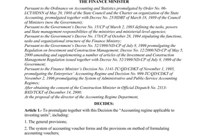 Decision No. 214/2000/QD-BTC of December 28, 2000 promulgating The Accounting regime applicable to investing units