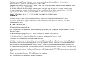 Joint circular No. 29/2000/TTLT-BLDTBXH-BYT of December 28, 2000 stipulating the list of jobs and occupations prohibited to HIV/AIDS carriers