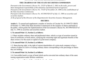 Decision No. 80/2000/QD-UBCK of December 29, 2000 amending and supplementing Circular No. 01/1998/TT-UBCK of October 13, 1998 of The State Securities Commission