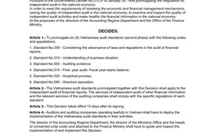 Decision No. 219/2000/QD-BTC of December 29, 2000 promulgating and announcing six (6) Vietnamese audit standards (second phase)