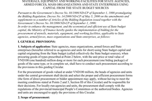 Circular No.121/2000/TT-BTC of December 29, 2000 guiding the implementation of bidding for procurement of utensils, materials, equipment and working facilities for State agencies, armed forces, mass organizations and state enterprises using Capital from The State Budget sources