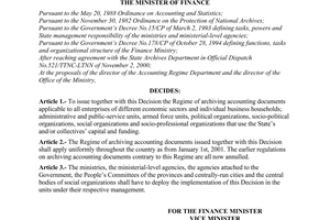 Decision No.218/2000/QD-BTC of December 29, 2000 promulgating the regime of archiving accounting documents