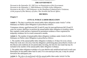 Decree of Government No. 81/2000/ND-CP of December 29, 2000 detailing and guiding the implementation of The Ordinance on Public-Labor Obligation