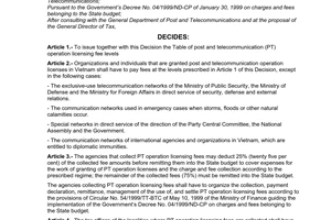 Decision No. 215/2000/QD-BTC of the  Ministry of Finance, issuing the post and telecommunication operation licensing fee levels
