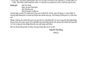 Công văn 1112/CP-KTTH trường hợp không thu và hoàn lại khoản thu chênh lệch giá