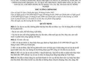 Quyết định 02/2001/QĐ-TTgchính sách hỗ trợ đầu tư từ Quỹ Hỗ trợ phát triển đối với dự án sản xuất chế biến hàng xuất khẩu  nông nghiệp