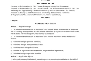 Decree of Government No.01/2001/ND-CP, on sanctioning administrative violations in the field of civil aviation.
