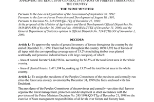 Decision No.03/2001/QD-TTg, approving the results of general inventory of forests throughout the country, promulgated by the Prime Minister of Government.