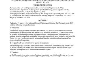 Decision No.04/2001/QD-TTg, approving the readjusted general planning on building Hai Phong city up to 2020, promulgated by the Prime Minister of Government.