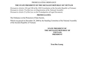 Order No.02/2001/L-CTN, promulgated by the President for the Ordinance on the Protection of State Secrets.